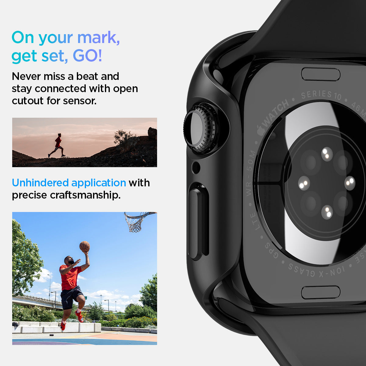 ACS08601 - Apple Watch 10 (46mm) Case Thin Fit in Black never miss a beat and stay connected with open cutout for the sensor. Write down On your mark, get set GO! Unhindered application with precise craftsmanship.