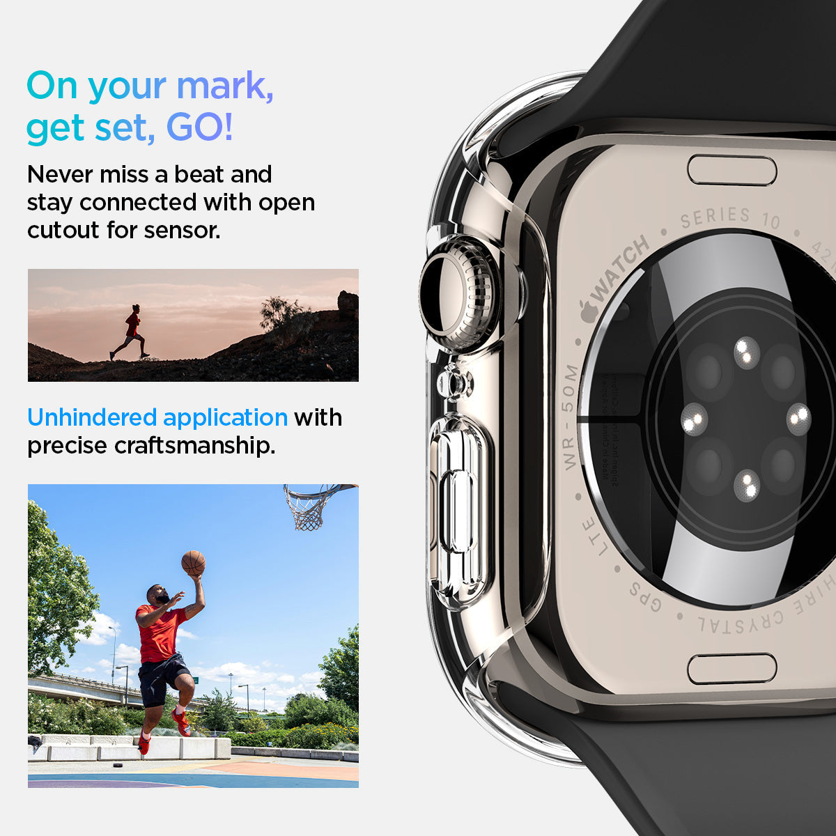 ACS08589 - Apple Watch 10 (42mm) Case Thin Fit in Crystal Clear never miss a beat and stay connected with open cutout for the sensor. Write down On your mark, get set GO! Unhindered application with precise craftsmanship.