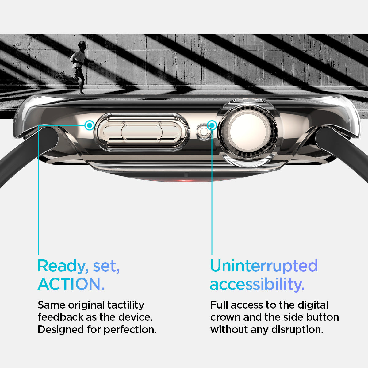 ACS08602 - Apple Watch 10 (46mm) Case Thin Fit in Crystal Clear same original tactility feedback as the device designed for perfection. Ready set action. Uninterrupted accessibility. Full access to the digital crown and the side button without any disruption.