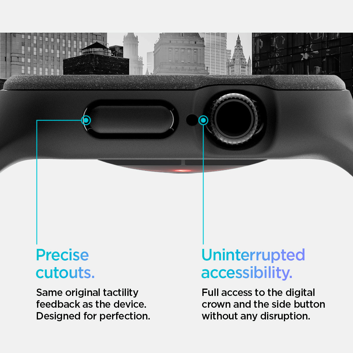 ACS09390 - Apple Watch 10 (42mm) Case Vault Pro in Matte Black Same original tactility feedback as the device designed for perfection. Showing Ready, set, Action. Uninterrupted accessibility. Full access to the digital crown and the side button without any disruption.