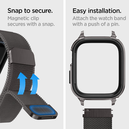 ACS04585 - Apple Watch Series (Apple Watch (45mm) Case Metal Fit Pro in graphite showing the different anglessnap to secure. Magnetic clip secure with a snap. Easy installation. Attached the watch band with a push pin