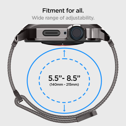 ACS04585 - Apple Watch Series (Apple Watch (45mm) Case Metal Fit Pro in graphite showing the fitment for all. Wide range of adjustability 5.5" / 8.5