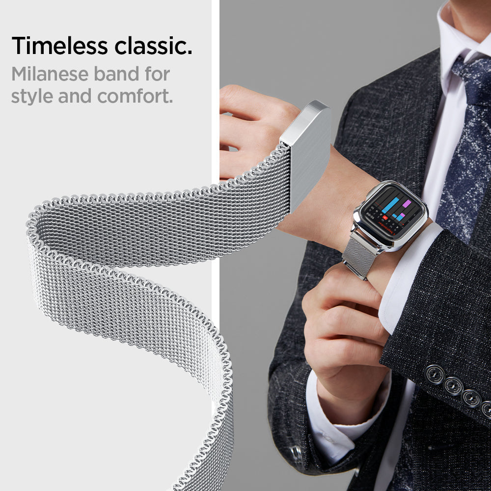 ACS04584 - Apple Watch Series (Apple Watch (45mm) Case Metal Fit Pro in silver showing the timeless classic. MIlanese band for style and comfort