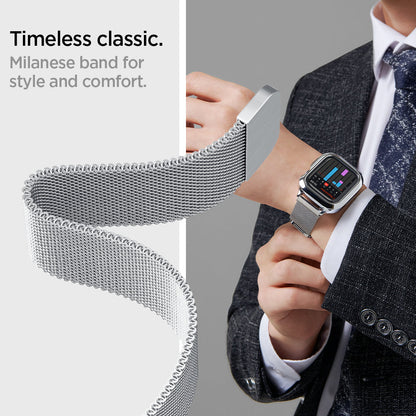 ACS04584 - Apple Watch Series (Apple Watch (45mm) Case Metal Fit Pro in silver showing the timeless classic. MIlanese band for style and comfort
