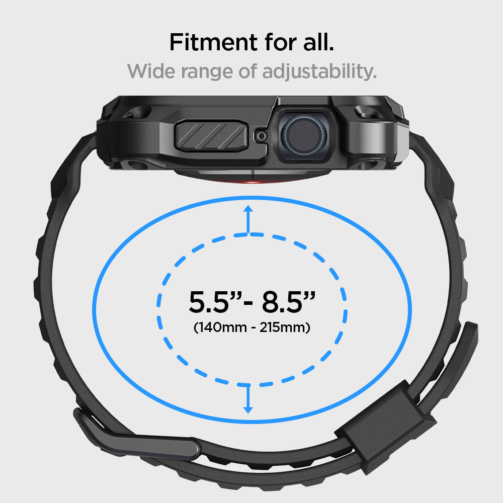 ACS05237 - Apple Watch Series (45mm) Case Tough Armor Pro Metal in black showing the fitment for all. Wide range of adjustability. 5.5" - 8.5" (14033 - 215mm)