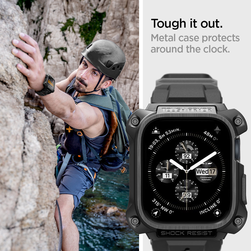 ACS05237 - Apple Watch Series (45mm) Case Tough Armor Pro Metal in black showing the metal case protects around the clock