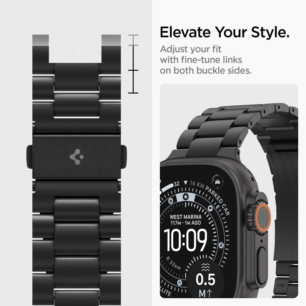 AMP11577 - Apple Watch Series - Modern Fit Titanium Black adjustable links on both sides of the buckle allow fine tuning for a personalized fit.