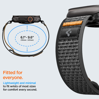 AMP10607 - Apple Watch Ultra Athlex Air 2 band size guide image showing adjustable strap circumference range from 6.1 inches to 9.6 inches with close-up of black orange woven Athlex Air 2 band highlighting lightweight minimal fit design for most wrist sizes
