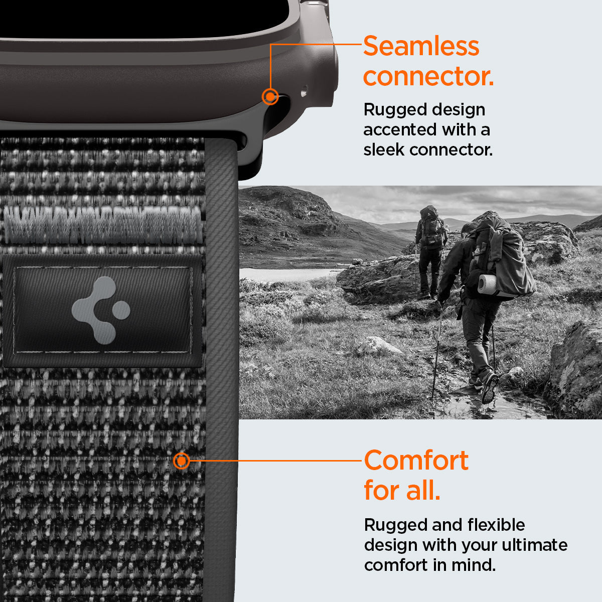 AMP11113 - Apple Watch Ultra Athlex Air 2 band detail highlighting seamless connector rugged gray woven nylon strap subtle logo patch and flexible textured weave designed for secure attachment and all day comfort during outdoor adventures