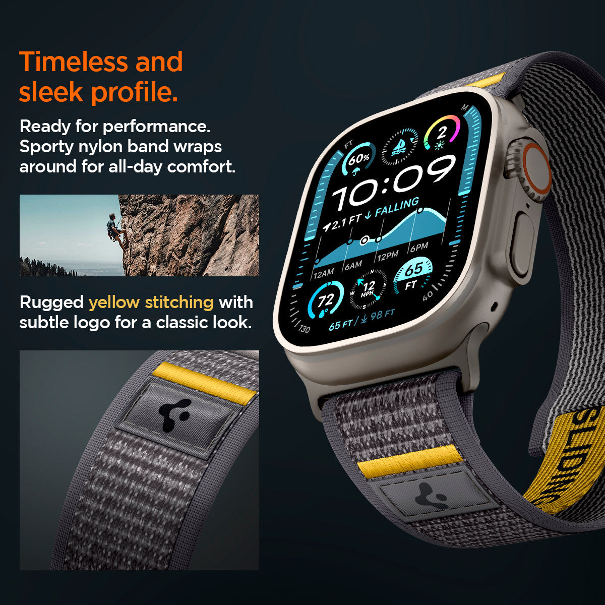 AMP09034 - Apple Watch 10 (46mm) Athlex Air in Active Gray showing the timeless and sleek profile. Ready for performance Sporty nylon band wrap around for all-day comfort. Rugged yellow stitching with subtle logo for a classic look