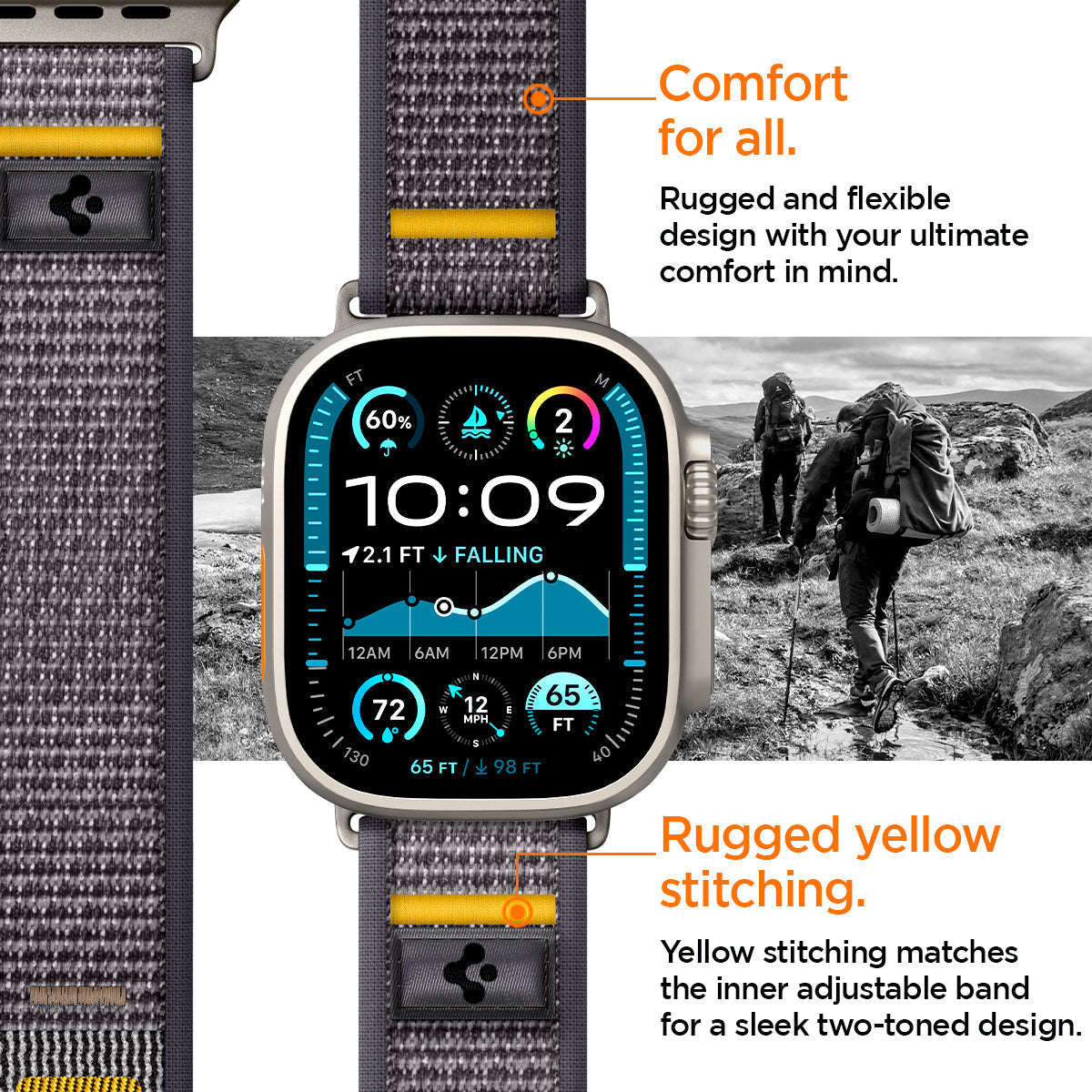AMP09034 - Apple Watch 10 (46mm) Athlex Air in Active Gray showing the comfort for all. Rugged and flexible design with your ultimate comfort in mind. Rugged yellow stitching. Yellow stitching matches the inner adjustable band for a sleek two-toned design