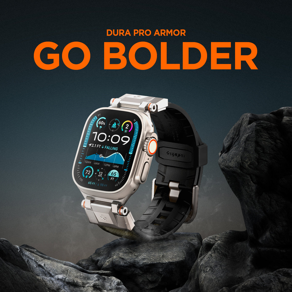 AMP09102 - Apple Watch Ultra (49mm) DuraPro Armor in Military Green showing clock in the top of the mountain and Go bolder.