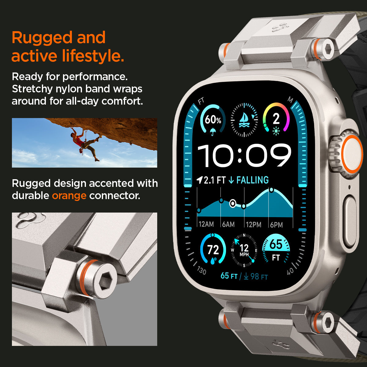 AMP09102 - Apple Watch Ultra (49mm) DuraPro Armor in Military Green is ready for performance premium PU band wraps around for all day comfort. rugged design accented with durable orange connctor.