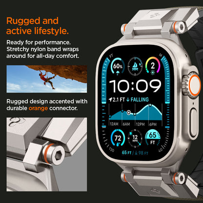 AMP09102 - Apple Watch Ultra (49mm) DuraPro Armor in Military Green is ready for performance premium PU band wraps around for all day comfort. rugged design accented with durable orange connctor.