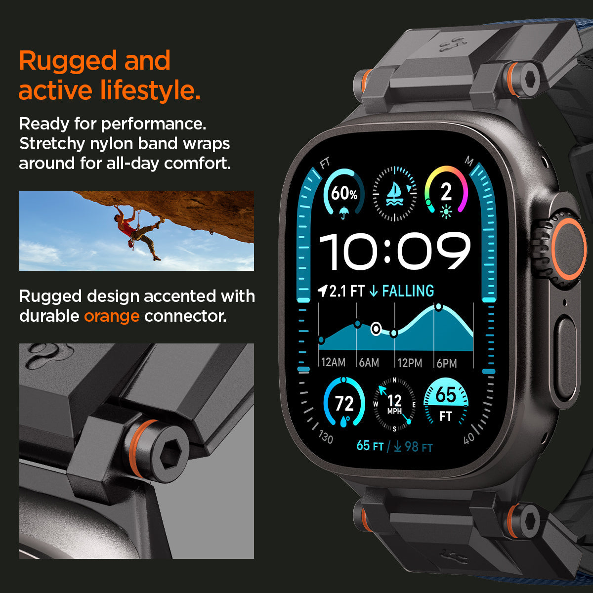AMP09103 - Apple Watch Ultra (49mm) DuraPro Armor in Navy Blue is ready for performance premium PU band wraps around for all day comfort. rugged design accented with durable orange connctor.