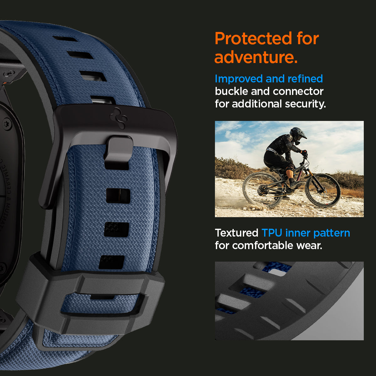 AMP09103 - Apple Watch Ultra (49mm) DuraPro Armor in Navy Blue improved and refined buckle and connector for additional security. textured TPU inner pattern for comfortable wear.