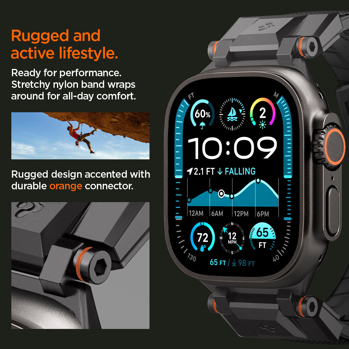AMP09229 - Apple Watch Ultra (49mm) DuraPro Armor in Black Edition is ready for performance premium PU band wraps around for all day comfort. rugged design accented with durable orange connctor.
