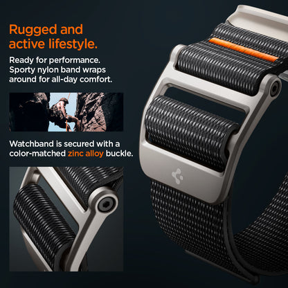 AMP05981 - Apple Watch (45mm) DuraPro Flex Ultra in Black ready for performance sporty nylon band wraps around for all day comfort. watchband is secured with a color matched zinc alloy buckle. Rugged and active life style.