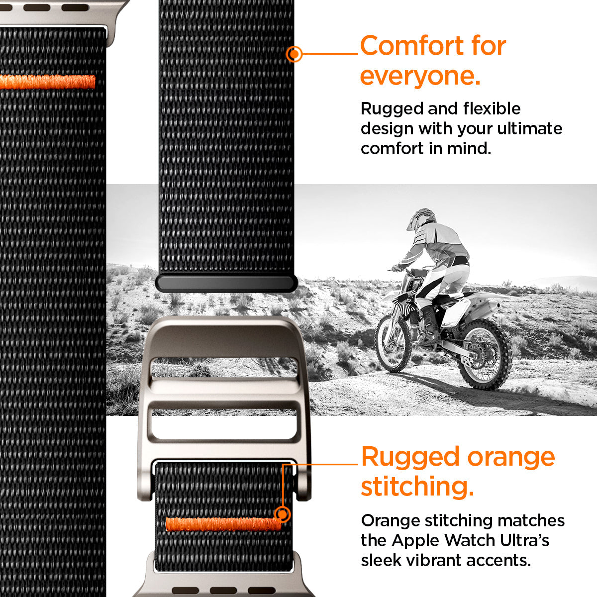 AMP05981 - Apple Watch (45mm) DuraPro Flex Ultra in Black rugged and flexible design with your ultimate comfort in mind. Orange stitching matched the Apple Watch Ultra's sleek vibrant accents.