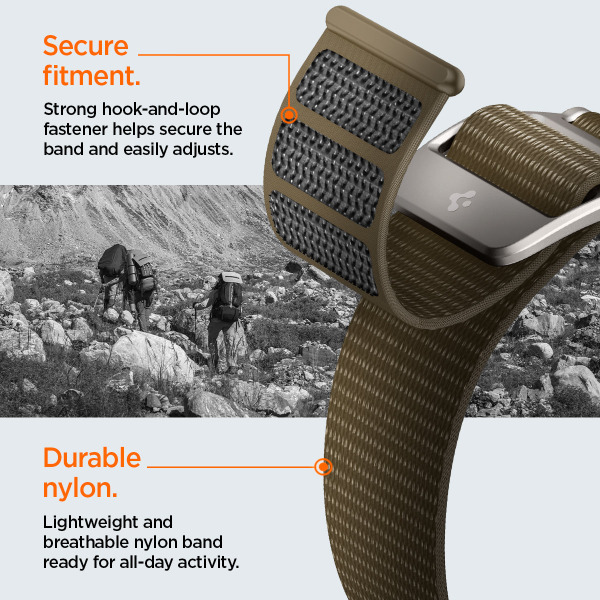 AMP05982 - Apple Watch (49mm) DuraPro Flex Ultra in Khaki strong hook and loop fastener helps secure the band and easily adjusts. Lightweight and breathable nylon band ready for all day activity.