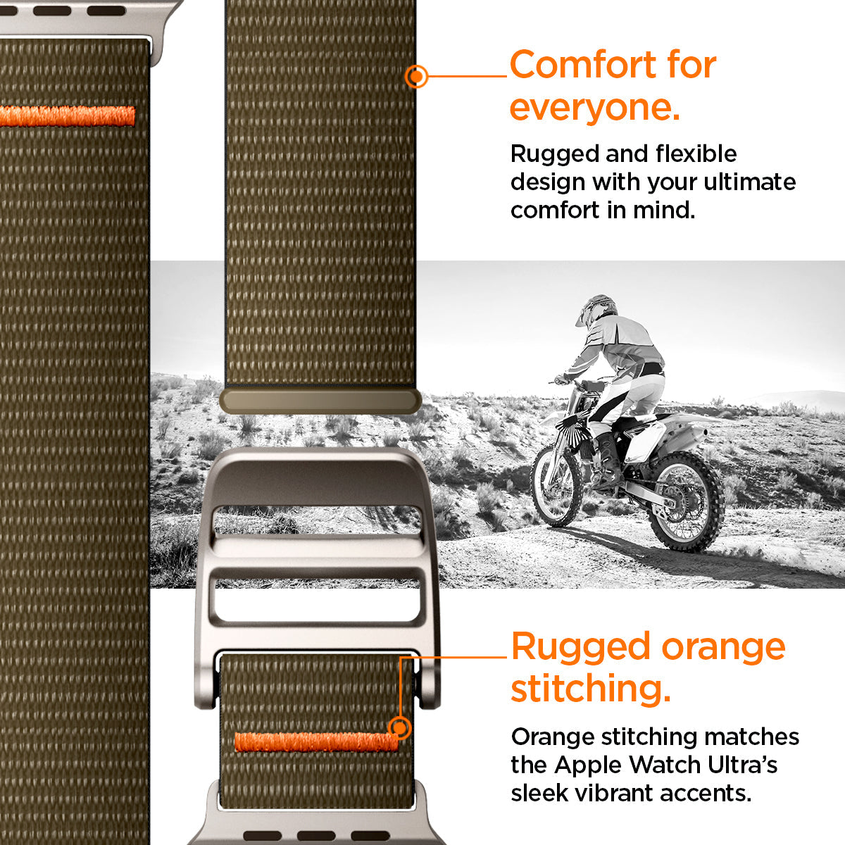 AMP05982 - Apple Watch (49mm) DuraPro Flex Ultra in Khaki rugged and flexible design with your ultimate comfort in mind. Orange stitching matched the Apple Watch Ultra's sleek vibrant accents.