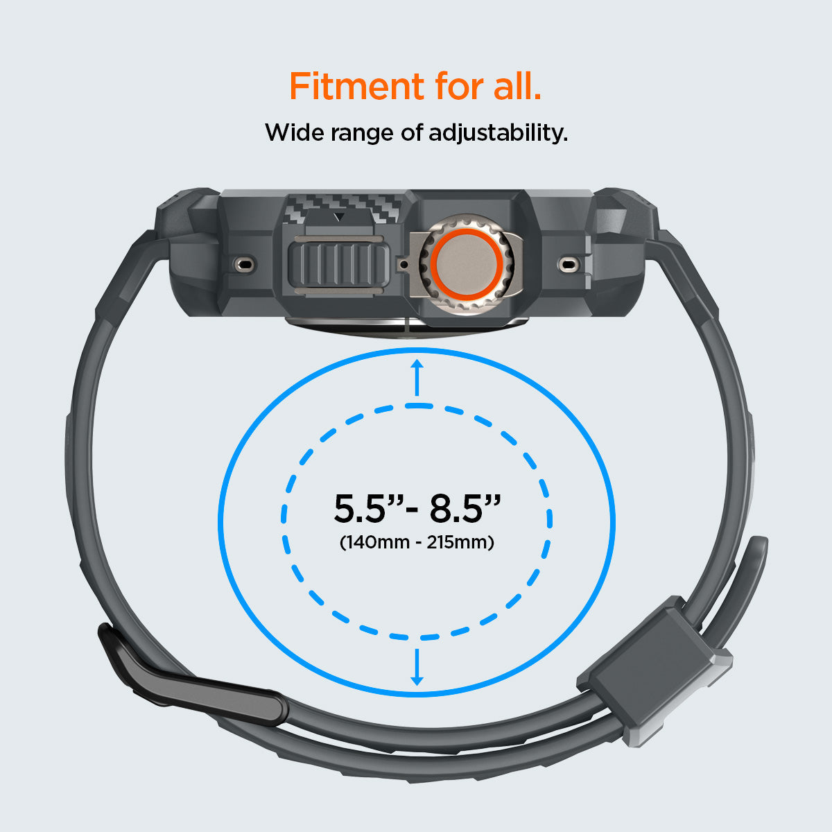 ACS07390 - Apple Watch (49mm) Rugged Armor Pro in Dark Gray fitment for all, wide range (140mm-215mm) of adjustability.