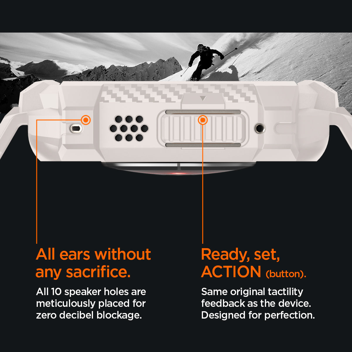 ACS07388 - Apple Watch (49mm) Rugged Armor Pro in Dune Beige has all 10 speaker holes are meticulously placed for zero decibel blockage. All ears without any sacrifice. Also has Ready, set action button. Same original tactility feedback as the device. Designed for perfection.