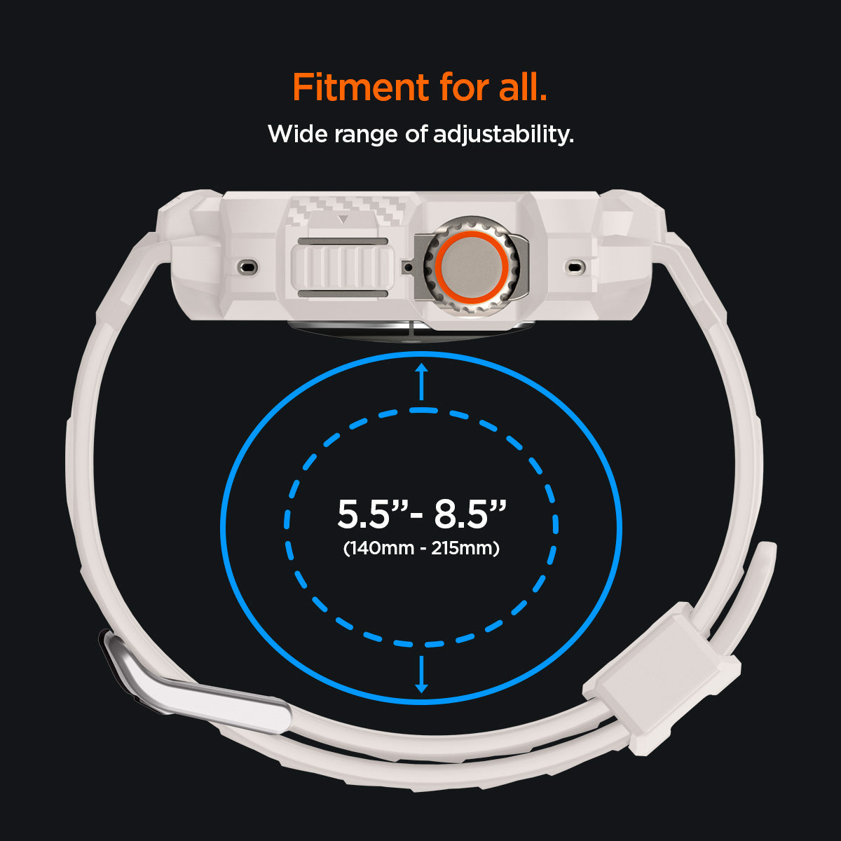 ACS07388 - Apple Watch (49mm) Rugged Armor Pro in Dune Beige fitment for all, wide range (140mm-215mm) of adjustability.
