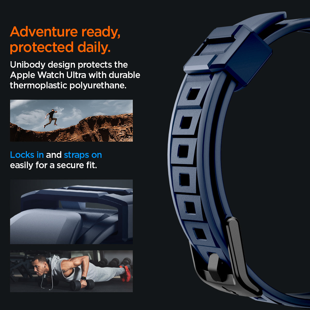 ACS07389 - Apple Watch (49mm) Rugged Armor Pro in Navy Blue unibody design protects the apple watch ultra with durable thermoplastic polyurethane. Locks in and straps on easily for a secure fit.