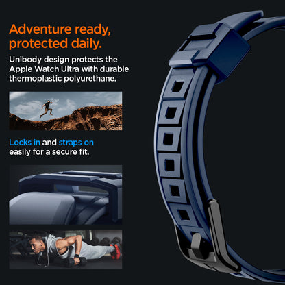 ACS07389 - Apple Watch (49mm) Rugged Armor Pro in Navy Blue unibody design protects the apple watch ultra with durable thermoplastic polyurethane. Locks in and straps on easily for a secure fit.