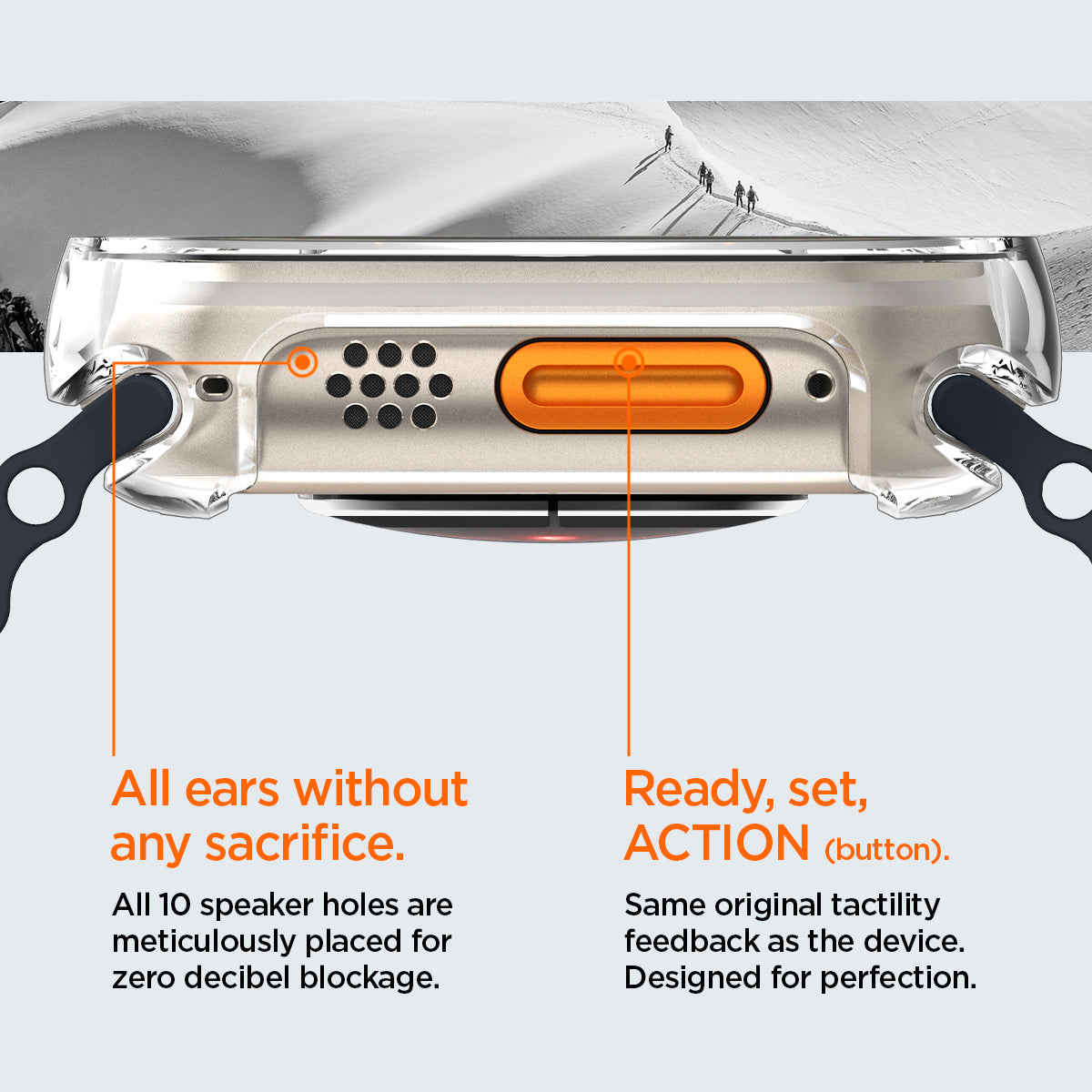 ACS05459 - Apple Watch Ultra (Apple Watch (49mm)) Case Ultra Hybrid in crystal clear all 10 speaker holes are meticulously placed for zero decibel blockage. All ears without any sacrifice. Same original tactility feedback as the device designed for perfection.
