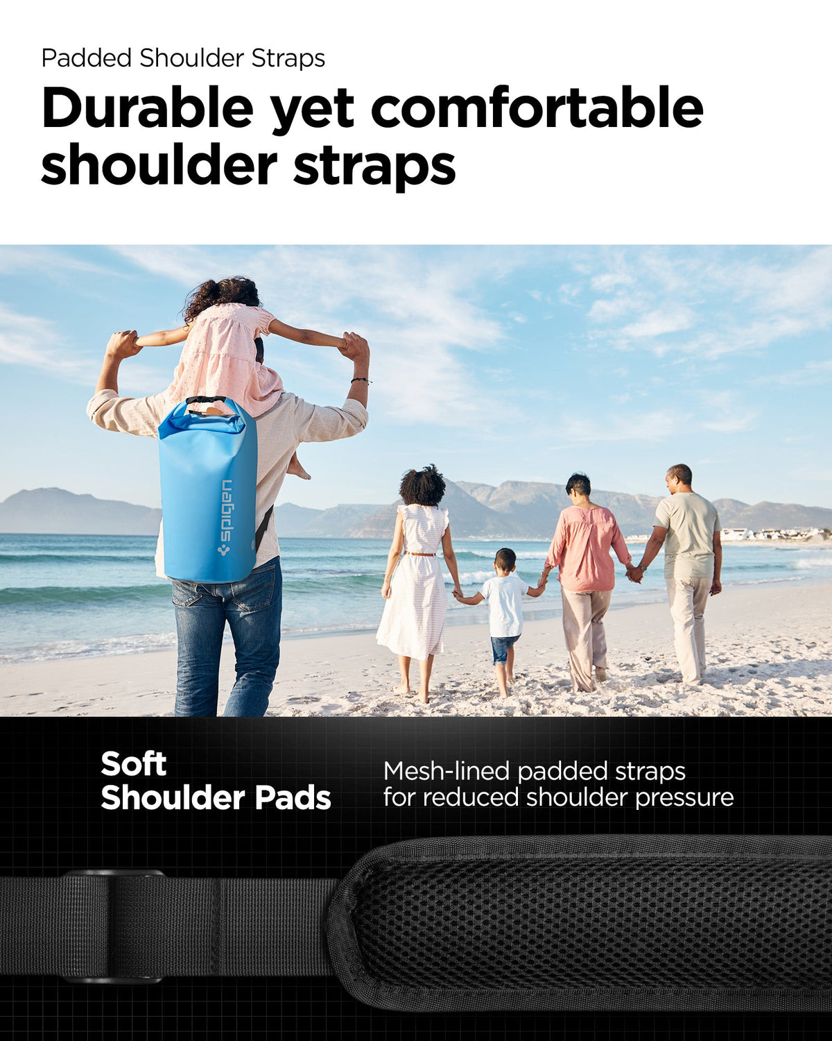 AMP07229 - AquaShield Waterproof Bag A631 in Sea Blue showing the padded shoulder straps, durable yet comfortable shoulder straps, with mesh-lined padded strap for reduced shoulder pressure