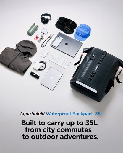 AMP07875 - AquaShield Waterproof Backpack A650 in Black showing built to carry up to 35L from city commutes to outdoor adventures