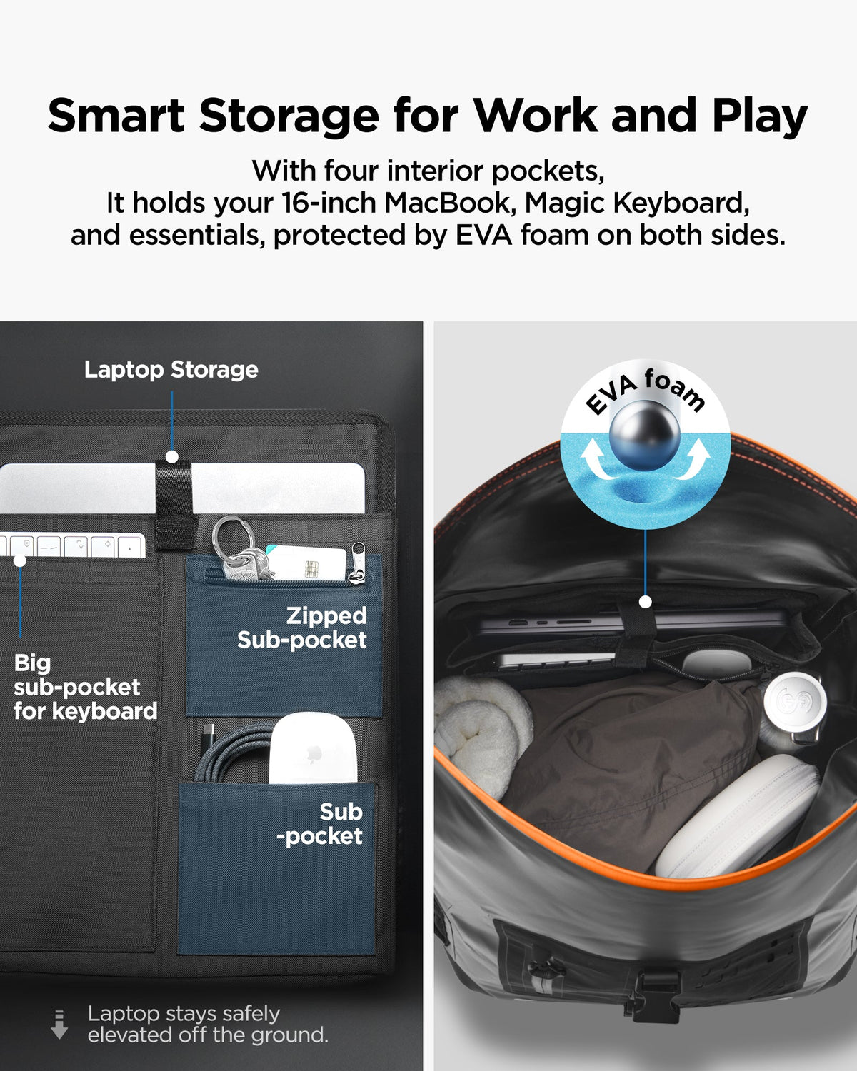 AMP07875 - AquaShield Waterproof Backpack A650 in Black showing the smart storage for work and play. With four interior pockets, it holds your 16-inch MacBook, Magic Keyboard, and essentials, protected by EVA foam on both sides with Big sub-pocket for keyboard, Zipped Sub-pocket and Sub-pocket. Laptop stays safely elevated off the ground