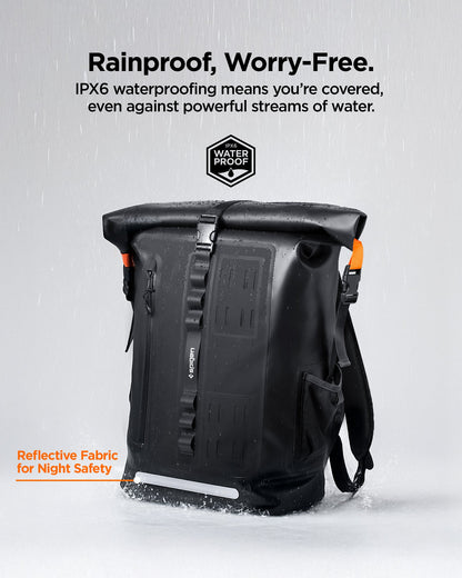 AMP07875 - AquaShield Waterproof Backpack A650 in Black showing the IPX6 waterproofing means you're covered, even against powerful streams of water with reflective fabric for night safety.