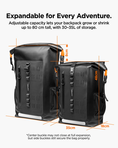 AMP07875 - AquaShield Waterproof Backpack A650 in Black showing the adjustable capacity lets your backpack grow or shrink up to 80cm tall, with 30-35L of storage. Size: 35cmx48cm+8cm 18cm depth. Center buckle may not close at full expansion, but side buck still secure the bag properly