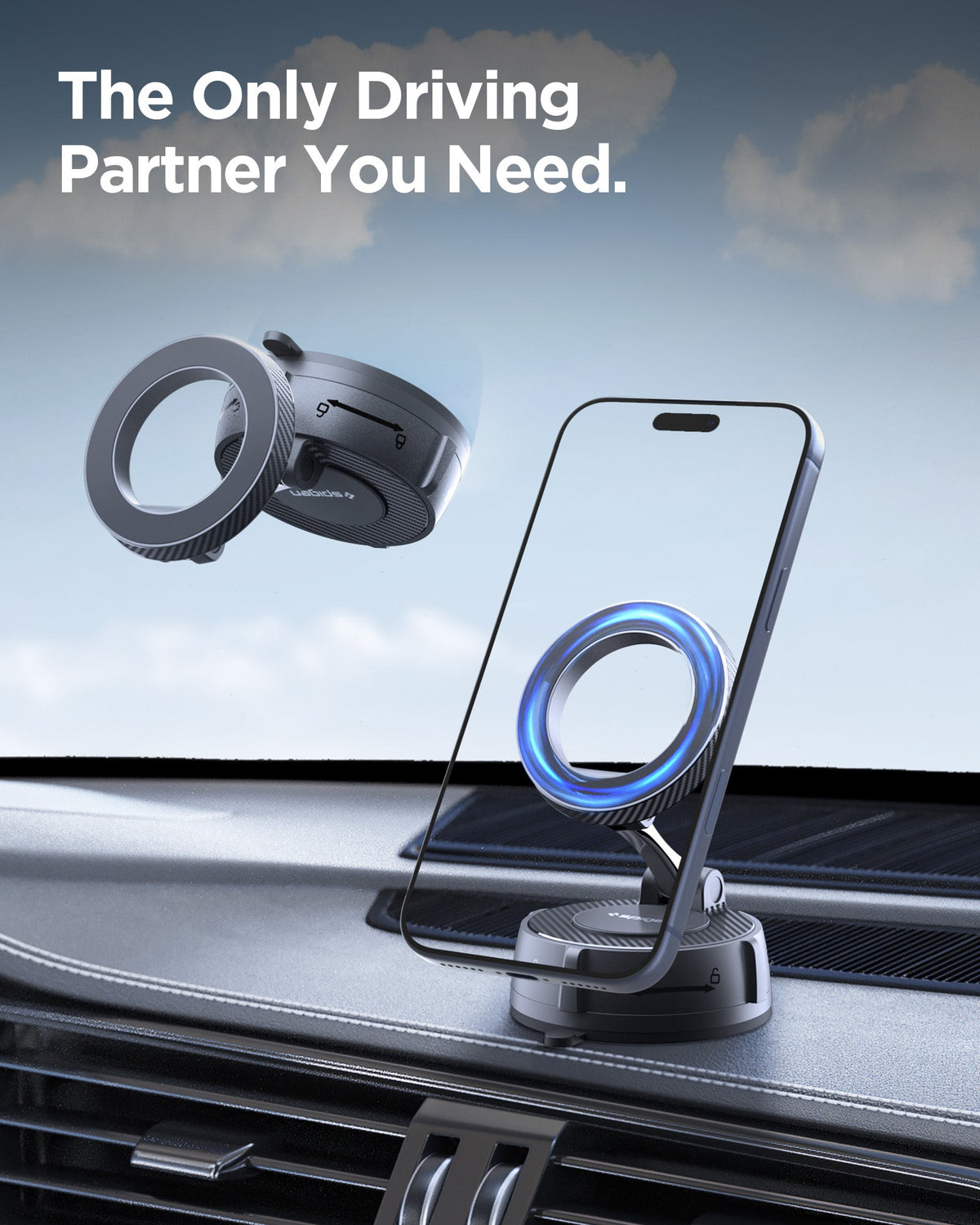 ACP11658 - Spigen Magnetic Car Mount (Mag Fit) MFT 36-1 showing the mount attached to a car dashboard with a phone magnetically secured to the ring holder