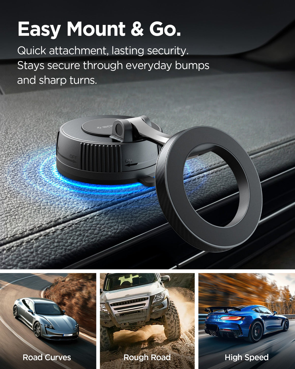 ACP11172 - Spigen Mag Fit Suction Cup Mount installed on car dashboard showing secure magnetic attachment and stability during driving conditions