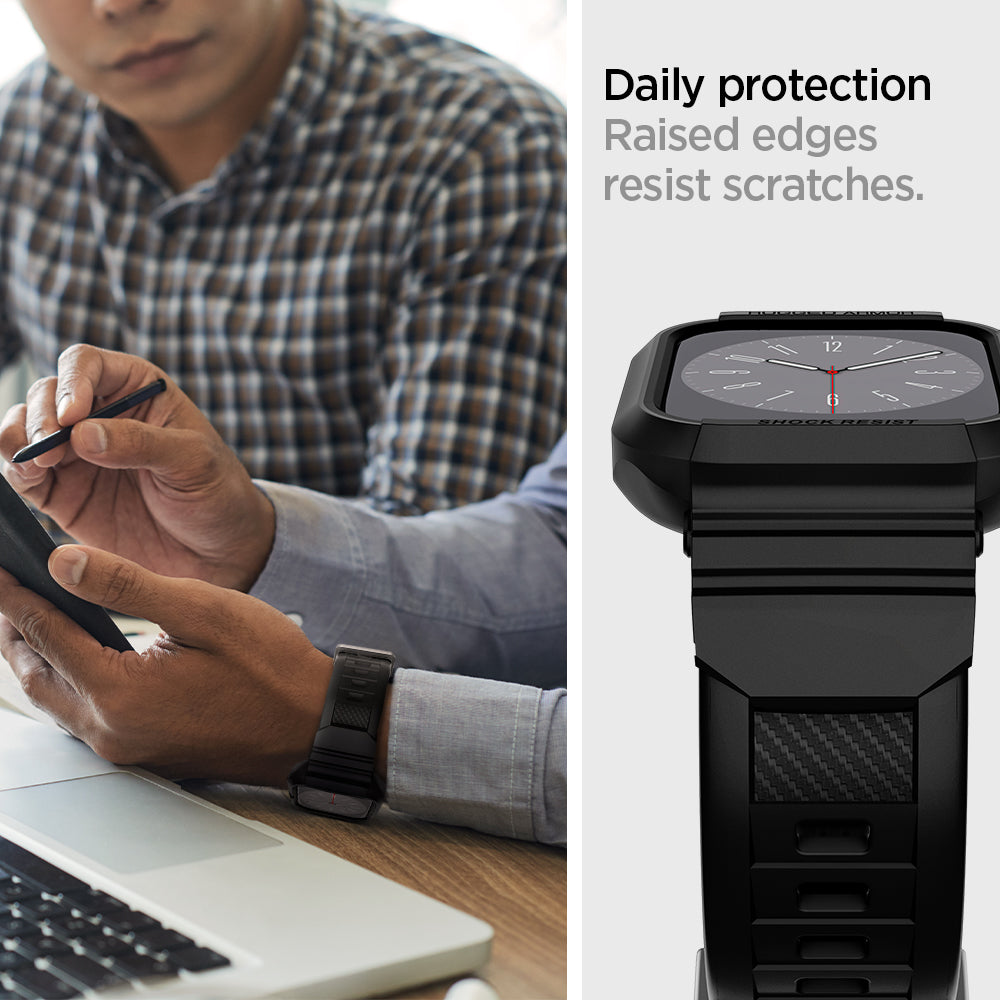 ACS00546 - Apple Watch Series (Apple Watch (41mm)) Case Rugged Armor Pro in black shows daily protection raised edges resist scratches.