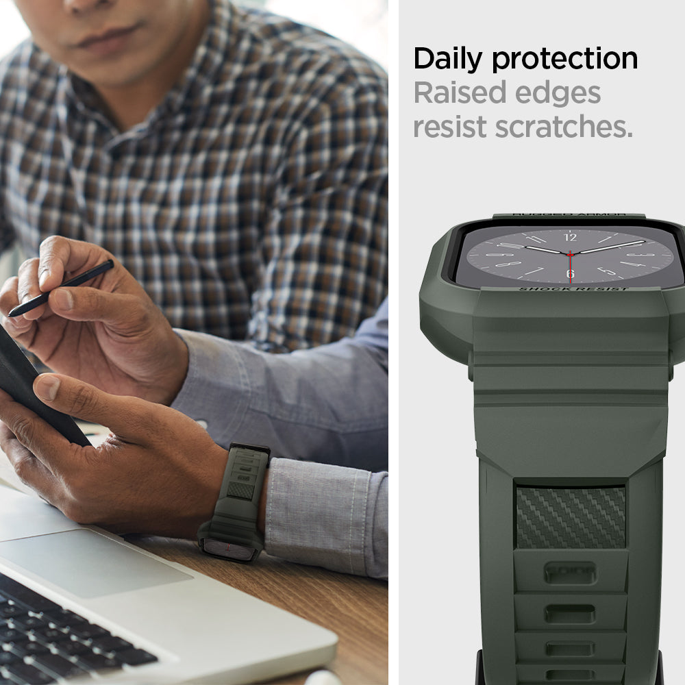 062CS26016 - Apple Watch Series (Apple Watch (45mm)) Case Rugged Armor Pro in military green shows daily protection raised edges resist scratches.