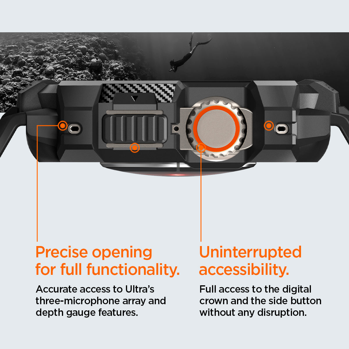 ACS05460 - Apple Watch Series (Apple Watch (49mm)) in matte black showing precise opening for full functionality. Accurate access to Ultra's three-microphone array and depth gauge features. Uninterrupted accessibility. Full access to the digital crown and the side button without any disruption.