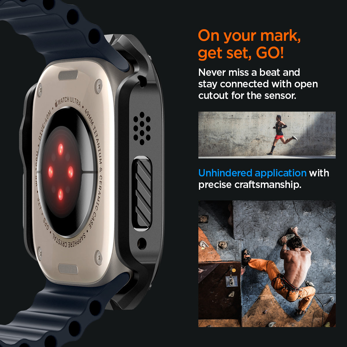 ACS05457 - Apple Watch Ultra (Apple Watch (49mm)) Case Tough Armor in black never miss a beat and stay connected with open cutout for the sensor. Write down On your mark, get set GO! Unhindered application with precise craftsmanship.