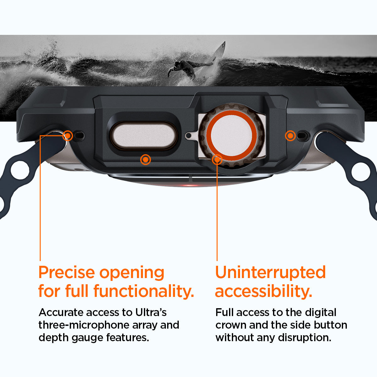 ACS06208 - Apple Watch (49mm) Precise opening for full functionality. Accurate access to Ultra's three-microphone array and depth gauge features. Uninterrupted accessibility. Full access to the digital crown and the side button without any disruption.