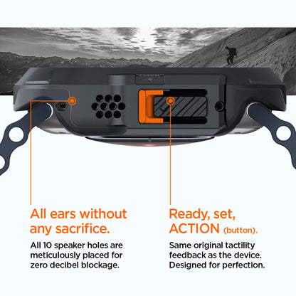 ACS06208 - Apple Watch (49mm) All ears without sacrifice. All 10 speaker holes are meticulously placed for zero decibel blockage. Button has ready, set, action. Same original tactility feedback as the device.