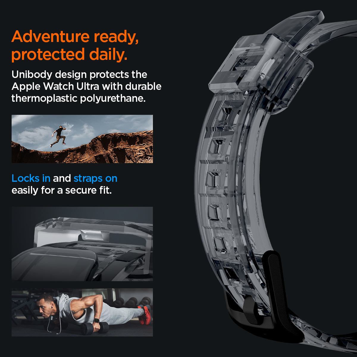ACS06028 - Apple Watch Series (Apple Watch (49mm)) in space crystal unibody design protects the apple watch ultra with durable thermoplastic polyurethane. Locks in and straps on easily for a secure fit.
