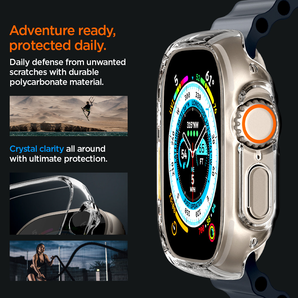 ACS05917 - Apple Watch Ultra (Apple Watch (49mm)) Case Thin Fit in crystal clear daily defense from unwanted scratches with durable polycarbonate material. Adventure ready, protected daily. Lifted bezel around the watch face for bump protection.
