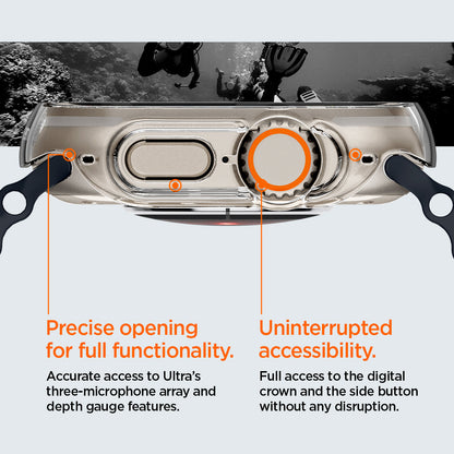 ACS05917 - Apple Watch Ultra (Apple Watch (49mm)) Case Thin Fit in crystal clear showing precise opening for full functionality. Accurate access to Ultra's three-microphone array and depth gauge features. Uninterrupted accessibility. Full access to the digital crown and the side button without any disruption.