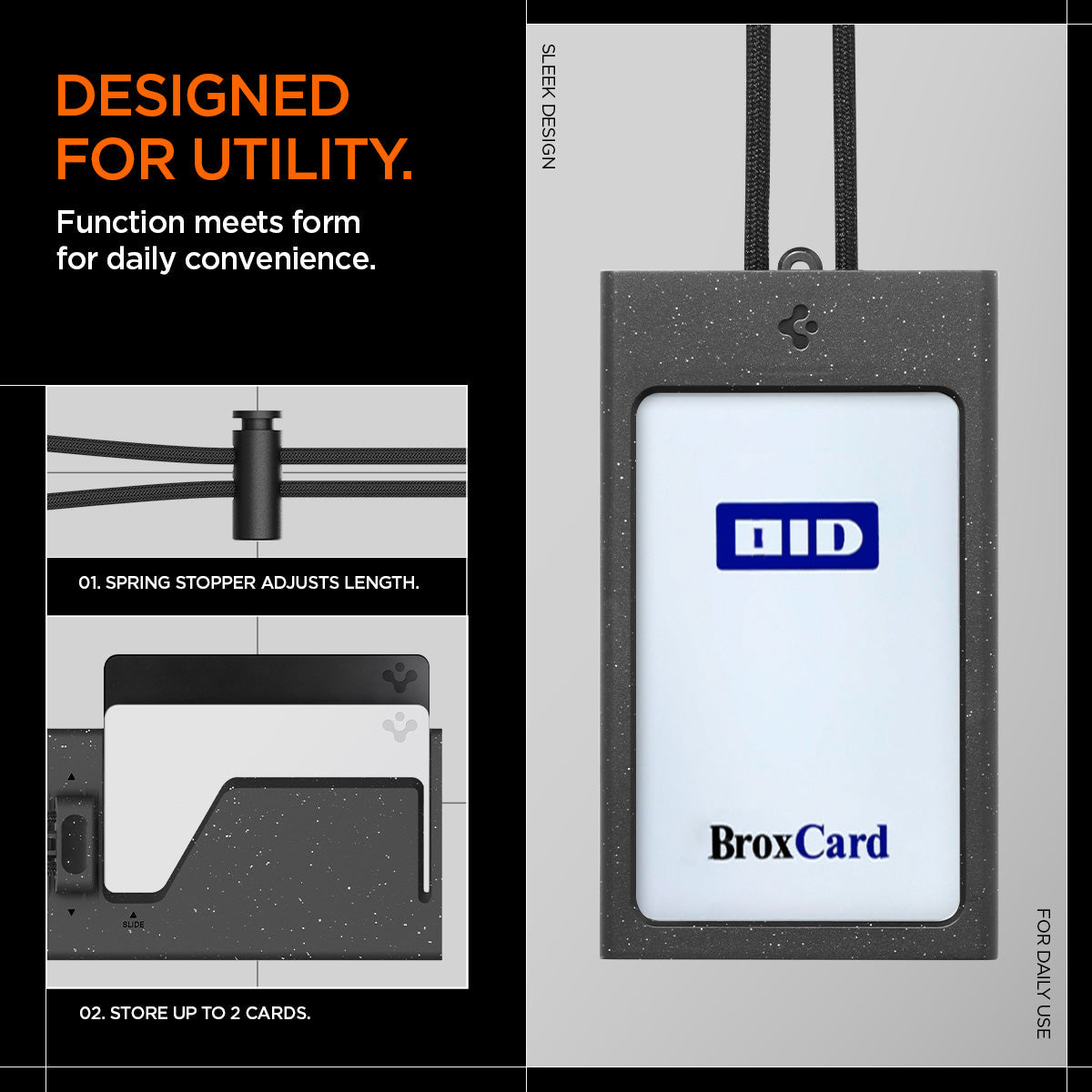 AFA08860 - Badge Holder MagSlide in Black showing the designed for utility, function meets form for daily convenience, 1 spring stopper and adjusts length, 2. store up to 2 cards