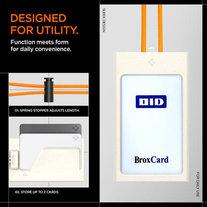 AFA09346 - Badge Holder MagSlide in Dune Beige showing the designed for utility, function meets form for daily convenience, 1 spring stopper and adjusts length, 2. store up to 2 cards