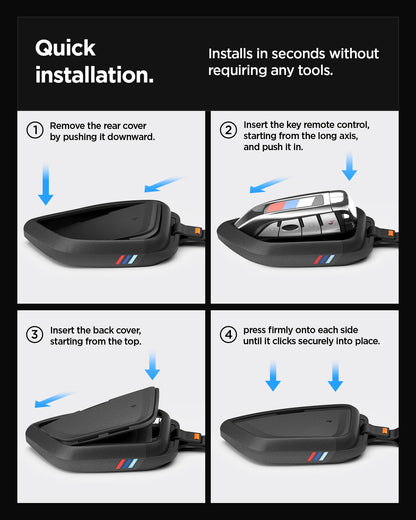ACS10425 - BMW Key Fob Cover | BK100 in Matte Black the quick installation. 1. Remove the rear cover by pushing it downward 2. Insert the key remote control starting from the long axis and push it in 3. Insert the back cover starting from the top 4. Press firmly onto each side until it clicks securely into place.